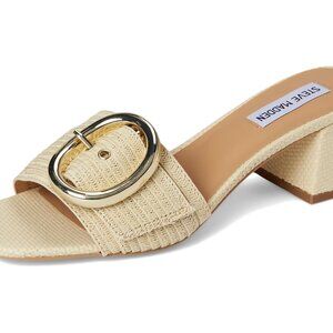 Steve Madden - 7.5 Stylish Cream Woven Heeled Sandals with Gold Buckle